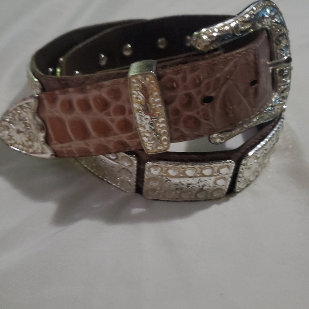 Nocona Tan Crocodile Embossed Belt with Silver Details